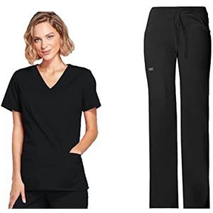 Dames Scrubs Set Workwear Core Stretch 4728 Mock Wrap Top & 24001 Trekkoord Cargo Broek, Zwart-2XL Top/XL Broek