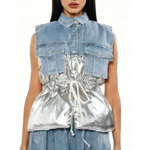 QOUERUUE Denim Patchwork Trendy Puffer Vest voor Vrouwen Herfst Winter Warm Glanzend Metallic Trekkoord Taille Mouwloos Vest, Zilver, one size