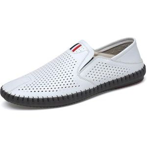 Men's Leather Cut Out Breathable Loafers Fashion Round Toe Slip On Soft Solewalking Flats Sandals Formal Business Casual Comfortable Work Shoes (Color : White, Size : EU 42)
