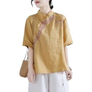 Etnische Stijl Prachtige Geborduurde Top Dames Plus Size Losse Shirts Met Halve Mouwen Chinese Traditionele Hanfu Blouse (Color : Yellow, Size : XXL)