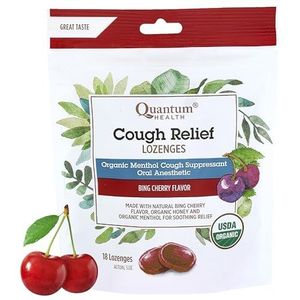 Quantum Gezondheid, hoestverlichting, zuigtabletten, Bing Cherry Flavor, 18 zuigtabletten