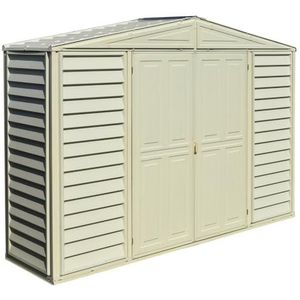 Duramax SidePro Kunststof tuinhuisje van kunststof, 10 x 3 (2,70 m2) met metalen funderingsset, inclusief dakraamkit, sterke metalen dakstructuur, onderhoudsvrije vinylschuur - ivoor