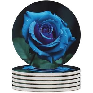 YYLPWL Onderzetters voor drankjes keramische onderzetter romantische blauwe roos ronde onderzetters absorberende bekermat met kurkachterkant voor salontafel decor hittebestendige onderzetters voor