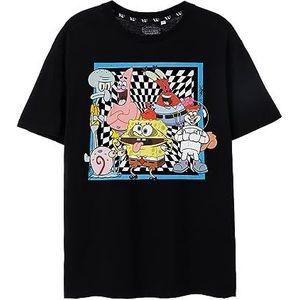 SpongeBob SquarePants Heren Zwart Dambord T-Shirt met korte mouwen | Met SpongeBob, Sandy, Gary, Mr. Krabs, Patrick en Squidward | Authentieke SpongeBob Merchandise | Perfect cadeau voor hem