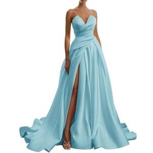 BRIGOW Satijn Strapless Trouwjurken voor Vrouwen met Split Formele Avondjurk voor Bruiloft Gast Plus Size, Hemelsblauw, 32