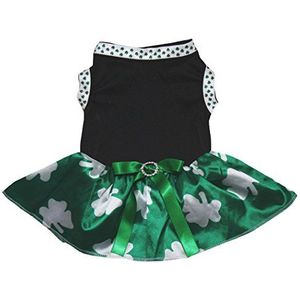 Petitebelle Puppy kleding hond jurk Plain klaver witte top Bling groene tututu (zwart groen klavertje, X-small)