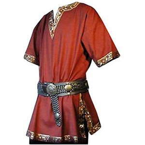 Mannen Middeleeuwse Tuniek V-hals Gouden Kant Korte Mouw Piraat Shirt Kostuum Zonder Riem Cos Performance Kleding, Rood, XL