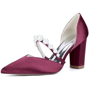 KYEGLO Dames Satijnen Puntige Neus Mode Dikke Hakken Met Parelbandje - Gesloten Neus Instapschoenen Voor Bruidsmeisjes Voor Feestelijke Bruiloften, Cadeaus Voor Vrouwen,Burgundy,36 EU