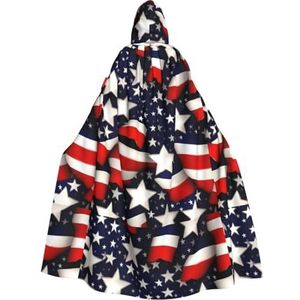 Amerikaanse vlag sterren strepen capuchon mantel voor mannen en vrouwen, volledige lengte Halloween maskerade cape kostuum, 190 cm