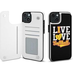 Live Love Softbal Flip Telefoonhoesje Compatibel voor iPhone 15 Plus Leuke Portemonnee Hoesje Telefoon Beschermhoes met Kaarthouder