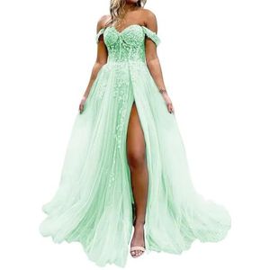 HPPEE Dames off-shoulder galajurken met split kant applicatie glitter tule formele jurk lange baljurk, mintgroen, 32