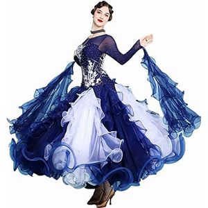Yhsgscr Professionele balzaalrok met grote A lijn voor dames High end tangowedstrijdkostuums Rondhals walsflamenco dansjurken Met strass steentjes Foxtrot danskleding,Blauw,L