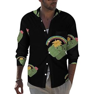 Leuke cactus regenboog heren revers lange mouw overhemd button down print blouse zomer zak T-shirts tops 5XL