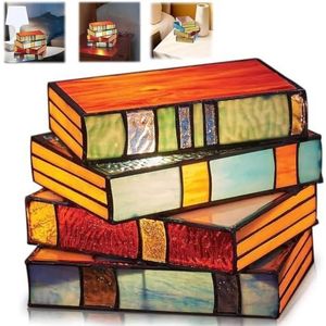 Stained Glass Stacked Books Lamp, Handmade Glass Bedside Desk Book Lamps, Night Light with Stacked Resin Books, Reading Nook Lighting, Vintage Table Lamp, for Bedroom,Pvc,17.8 * 14cm