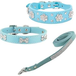 Newtensina 3 stuks hondenhalsband en riem set diamanten bloem bot halsband met riem voor kleine honden, puppy honden, 3 stuks pack (0383) - blauw - M