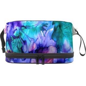 Paars en groenblauw Splash Paniting Dubbellaags Cosmetische Tas voor Vrouwen en Meisjes, Reistoilettas Make-up Handige Pouch Organizer Tas met Borstel Compartiment, Meerkleurig, 27x15x14