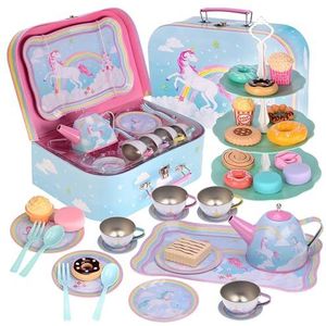 Jewelkeeper Theeservies voor kinderen, regenboog-eenhoorn-design, 42-delig theeservies van tin inclusief eten en draagtas voor speelgoedaccessoires