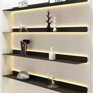 Floating Wall Shelves, Iron With Lights Laminate Wall-mounted A Word Metal Partition Creative Decorative Light Luxury Bookshelf Luminous Wall Shelves (Color : Noir, Size : 80x20x6cm)