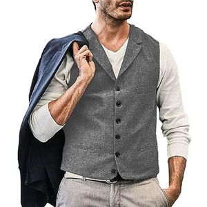 Heren Casual Vest Vintage Tweed Vest Bruiloft Wollen Vest Visgraat Zakelijk Vest Zilveren Jas S