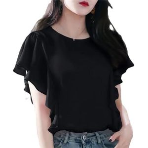 Dames Casual Mode Ruches Patchwork O-hals Chiffon Blouses Dames Zomer Basic Oversized Effen Shirt, Zwart, L