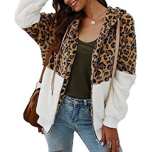 ABINGOO Damesjas met capuchon, warme mantel, teddy-fleece, pluche jas, luipaard, casual rits, hoodie, cardigan, outwear, wit, S