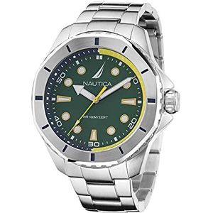 Nautica Heren NAPKMS307 KOH May Bay Gerecycled (85%) roestvrijstalen armband en blauwe siliconen band horloge, zilverkleurig/groen/SS & blauw, zilverkleurig/groen/SS & blauw, armband, Zilveren