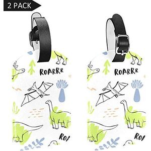 PU Lederen Bagage Tags met Leuke dinosaurussen Print Naam ID-labels voor Reistas Bagage Koffer met Terug Privacy Cover 2 Pack