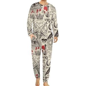 Egypte thema occultisme in retro stijl comfortabele heren pyjama set ronde hals lange mouwen loungewear met zakken 5XL