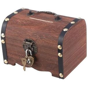 Yulakes Houten spaarpot spaarvarken muntcassette / houten schatkist met slot retro houten schatkist spaarpot houten kist houten kist opbergdozen (S)
