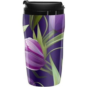 Paarse Tulp Bloemen Bloem Gedrukt Koffie Mokken Geïsoleerde Reizen Mok Herbruikbare Water Cup met Deksel voor Thuis Outdoor 9oz /12oz