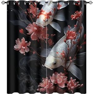 AEMYSKA Rustieke karper verduisterende doorvoergordijnen voor slaapkamer wit water roze bloemen vis thermisch geïsoleerde gordijnen kamer verduistering licht blokkerende gordijnen 55x63 inch
