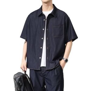 OHERUWKLS Heren Zomer Dunne Amerikaanse Retro Losse Denim Shirt Vijfpunts Mouw Cardigan Jas,Blauw,3XL