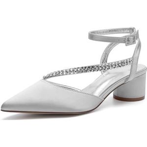 Dames Lage Chunky Blokhak Trouwschoenen voor Bruid Enkelband Pumps Gesloten Teen Satijnen Prom Court Schoenen met Strass steentjes,Zilver,36 EU