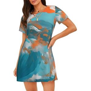Dames nachthemd met korte mouwen oranje wit en blauw kunst 3D-print - zachte comfortabele casual nachtkleding, ademend en lichtgewicht zomerslaapshirt, 3 D, S