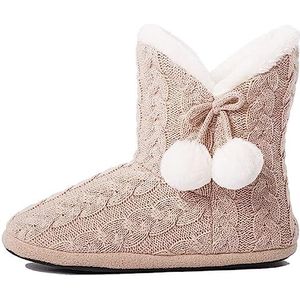 Slipper Vrouwen/Dames Slippers Bont Gevoerd Inclusief Pom Poms | Beige - M (38-39)