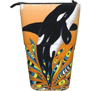 351 Etui Leuke Orka Walvis Oranje Doodle Splash Stand Potlood Houder Grote Capaciteit Briefpapier Telescopische Pouch Lichtgewicht Telescopische Potlood Tas voor Meisjes, Studenten, Jongens, Etui