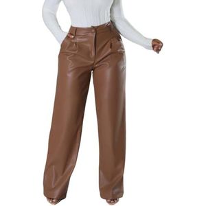 KWISUAWHGA Dames Nepleren Broek Hoge Taille Rechte Brede Pijpen Casual PU Leren Mode Y2k Zachte Broek Met Zakken,Bruin,L