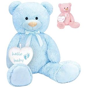 Brubaker XXL teddybeer 100 cm met Hello Baby Hart - Babyshower cadeau voor pasgeborenen jongens - knuffeldier knuffeldier pluche dier - blauw lichtblauw