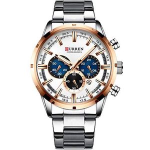 Heren Horloge Sport Quartz Chronograaf Horloges Met Lichtgevende Handen Mode Roestvrij Staal Klok Datum, Zilver Wit, armband