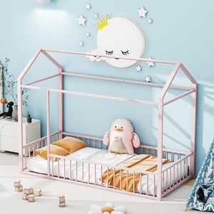 Aunvla Kinderbed, 90 x 200 cm, metalen huisbedframe met omheining, voor kinderen, tieners, meisjes, jongens, roze