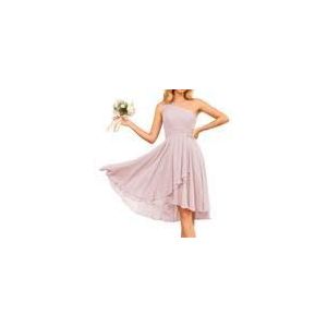 WSEYU Korte bruidsmeisjesjurk met één schouder en zakken ruches chiffon geplooide formele feestjurk, roze, 56