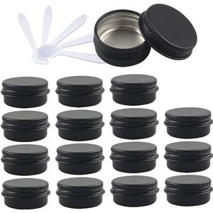 OIFAODAO， 48 PC 10 ml Blauwe Lege Ronde Aluminium Blikken met Schroefdeksels Opslag Potten Cosmetica Containers 6 Spatel ，Cosmetische potjes(Matte Black,15ml)