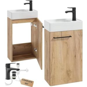 .Deftrans Domodomo Badkamerkast met wastafel, 40 x 68 x 21,3 cm, keramische wastafelset, wandkast voor kleine badkamer (eiken + wastafelarmatuur zwart)
