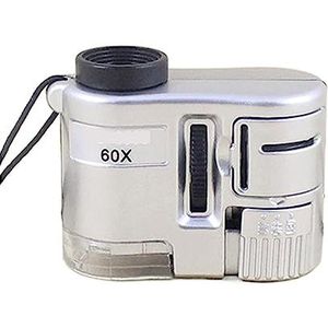 Mini Pocket 60X Handheld Vergrootglas Microscoop Scherpstellen Aangepast Loupe Valuta Detector Juwelier Vergrootglas Met LED Licht Gebruiksvriendelijk(Silver)