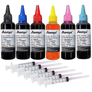 Aomya 600 ml Universal Dye Ink Refill Kit voor HP Canon Epson Brother Lexmark Printers Compatibele Cartridges navulbare Cartridge CISS CIS System 6 Color Set met 4 Free Syringes (BK, C, M, Y, LM, LC)
