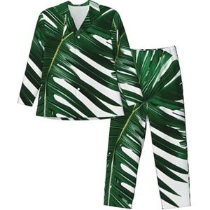 sttung Groene palmbladeren print heren pyjama met lange mouwen, zachte ademende nachtkleding, knopen aan de voorkant en broek met elastische taille, Zwart, S