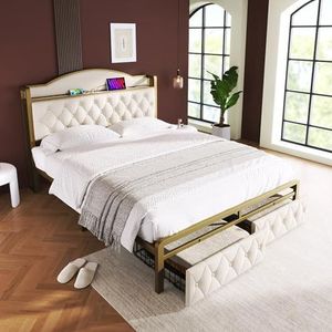 Aunvla Gestoffeerd bed met USB type C oplaadfunctie en laden, tweepersoonsbed, 160 x 200, opbergbedden, bedframe met lattenbodem van metalen frame, lichtbeige (zonder matras)