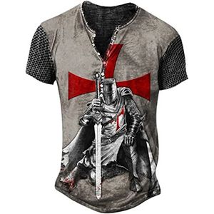 WFSWG Mannen Ridders Tempeliers T-shirt met korte mouwen Retro Gedrukt Kruisvaarder Warrior Henley Shirts Vintage noodlijdende Tops, # 2, 3XL