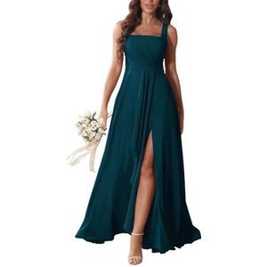 KURFACE Chiffon bruidsmeisjesjurken met split ruches lange bruidsmeisje vloerlengte formele avondjurk, Turkoois, 32