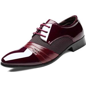 Oxford formele schoenen for heren met veters van PU-leer met teen patchwork derbyschoenen blokhak rubberen zool antislip bruiloft (Color : Claret, Size : 45 EU)